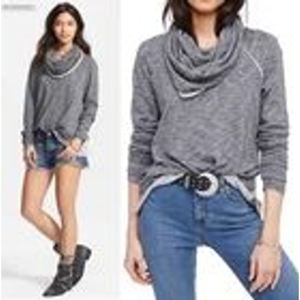Free People‎ Beach Charcoal Heathered Slub Knit Cowl Neck Long Sleeve Top